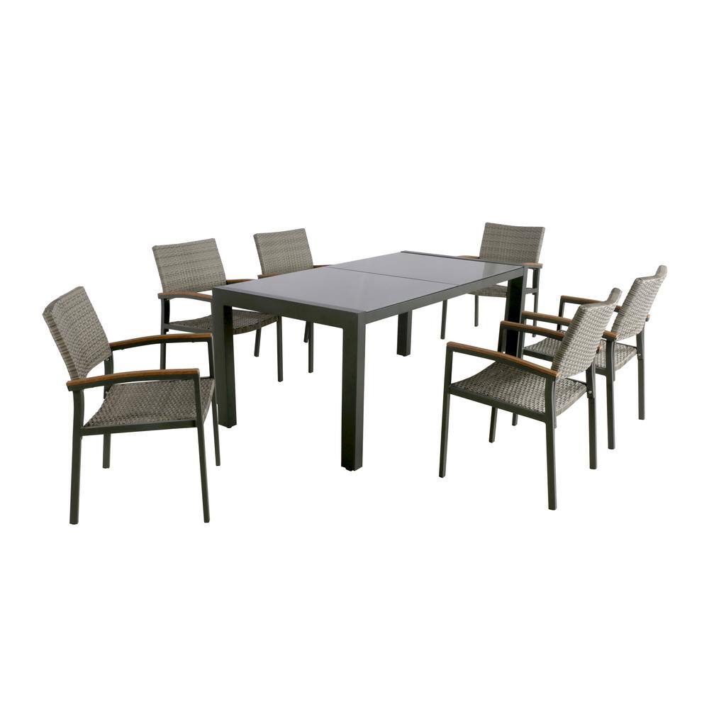 Noble House Luton Grey 7-Piece Aluminum and Faux Rattan Outdoor Dining Set with Glass Table Top