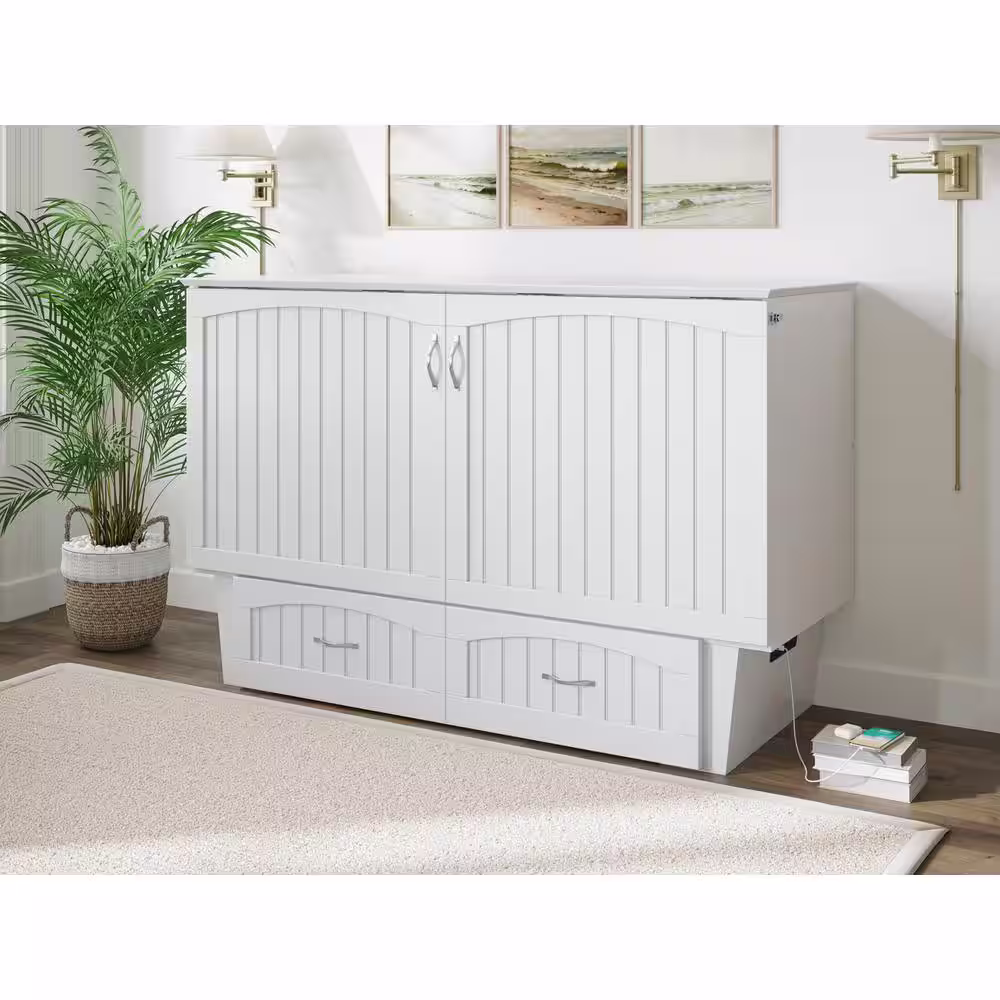 AFI Nantucket Murphy Bed White Queen Chest with Charging Station and Coolsoft Mattress