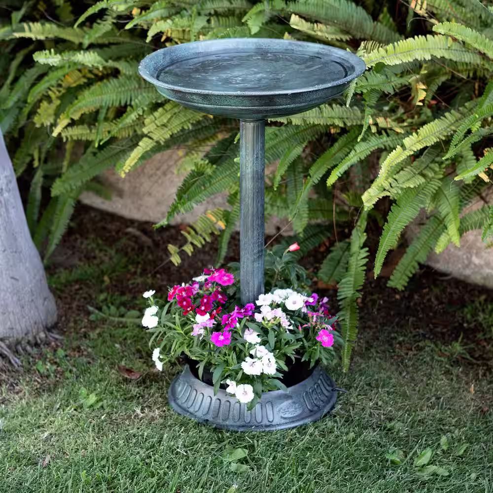 Alpine Corporation 25 in. Tall Outdoor Birdbath with Planter Yard Statue, Green