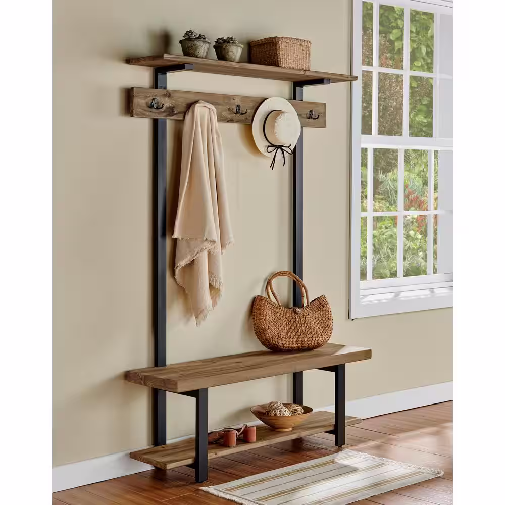 Alaterre Furniture Pomona Entryway Hall Tree with Bench, Shelves and Coat Hooks