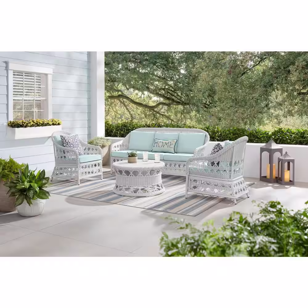 Hampton Bay Somersound 4-Piece Resin Wicker Patio Conversation Chat Set with CushionGuard Sea Breeze Cushions