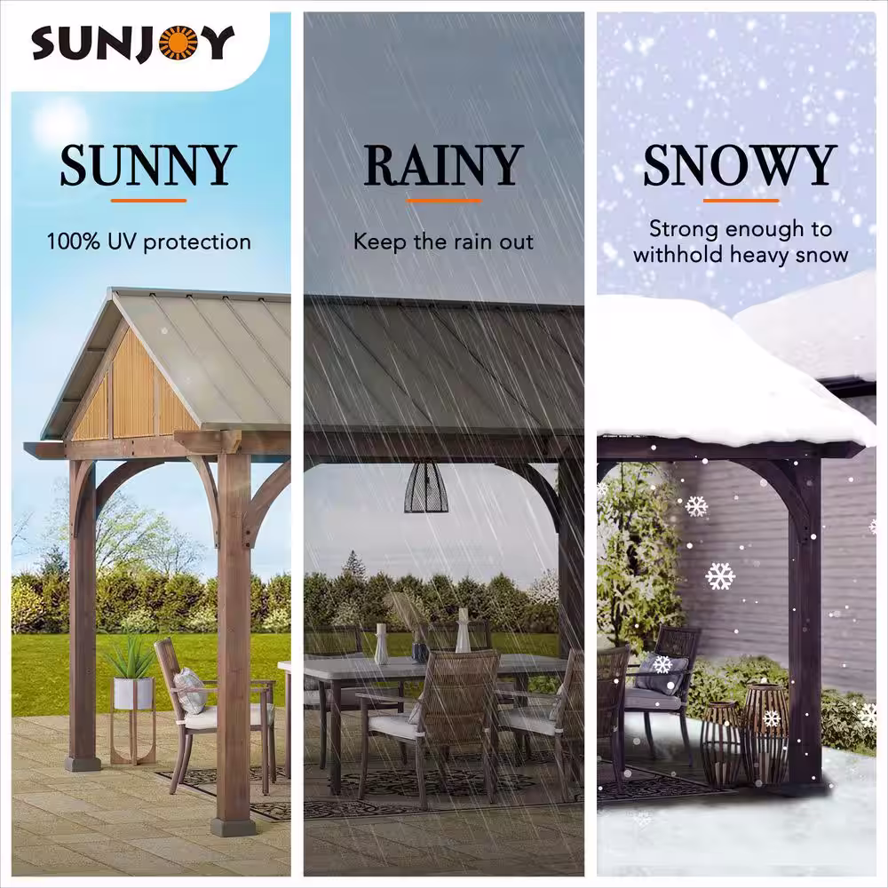 Sunjoy SummerCove Maple 12 ft. x 14 ft. Cedar Framed Gazebo with Brown Steel Hardtop Roof