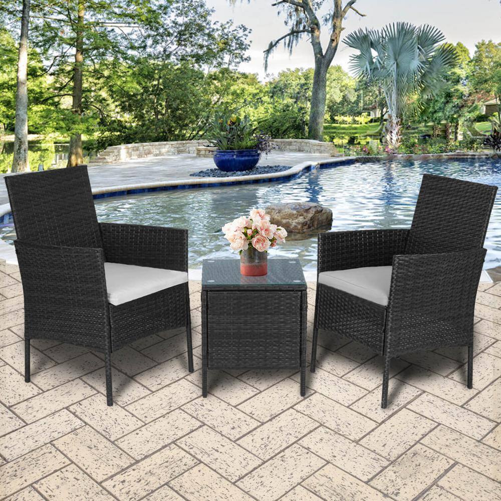 None Black 3-Piece Wicker Outdoor Bistro Set with Gray Cushion