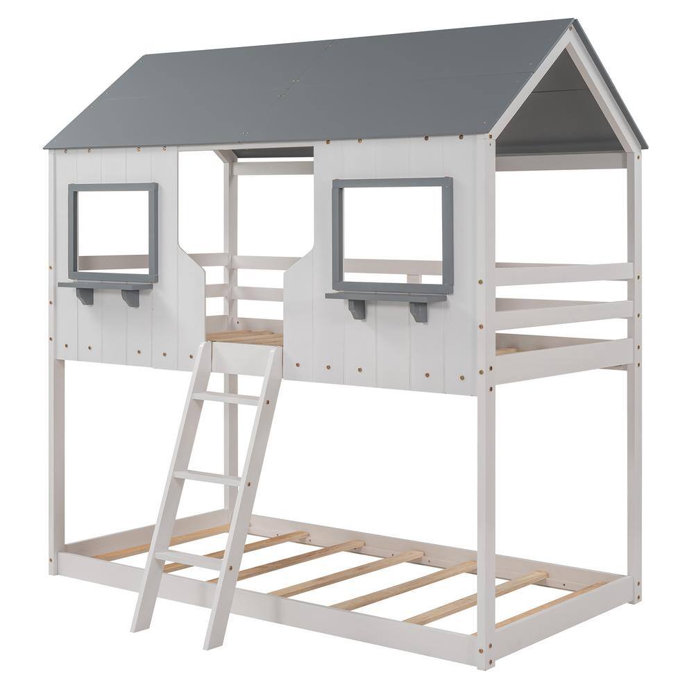 Harper & Bright Designs White Twin Over Twin Wood House Bunk Bed with Roof and Window