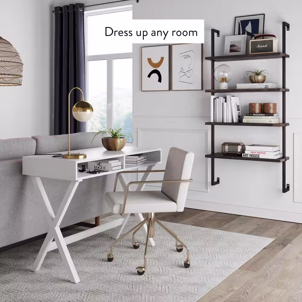 Nathan James Theo Nutmeg Brown 4-Shelf Wood 64 in. Black Pipe Metal Frame Floating Wall Mount Shelves Bookcase