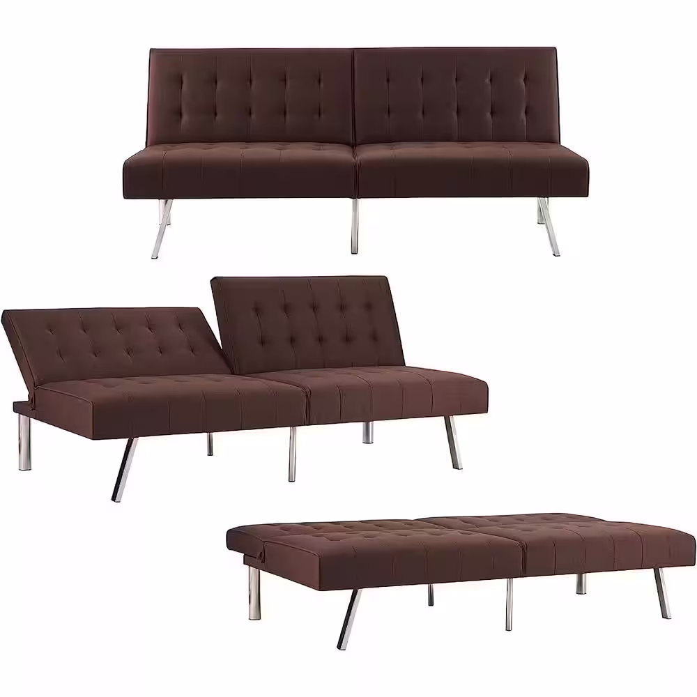 HOMESTOCK Espresso, Linen Tufted Split Back Futon Sofa Bed, Couch Bed, Futon Convertible Sofa Bed with Metal Legs