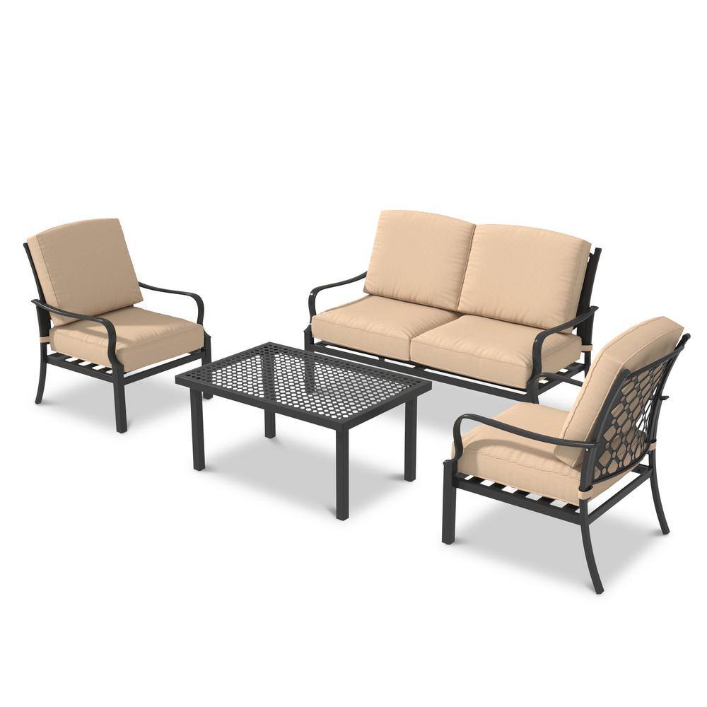 CASAINC 4-Piece Metal Patio Conversation Deep Seating Set with 5.9 inch Olefein Beige Cushions