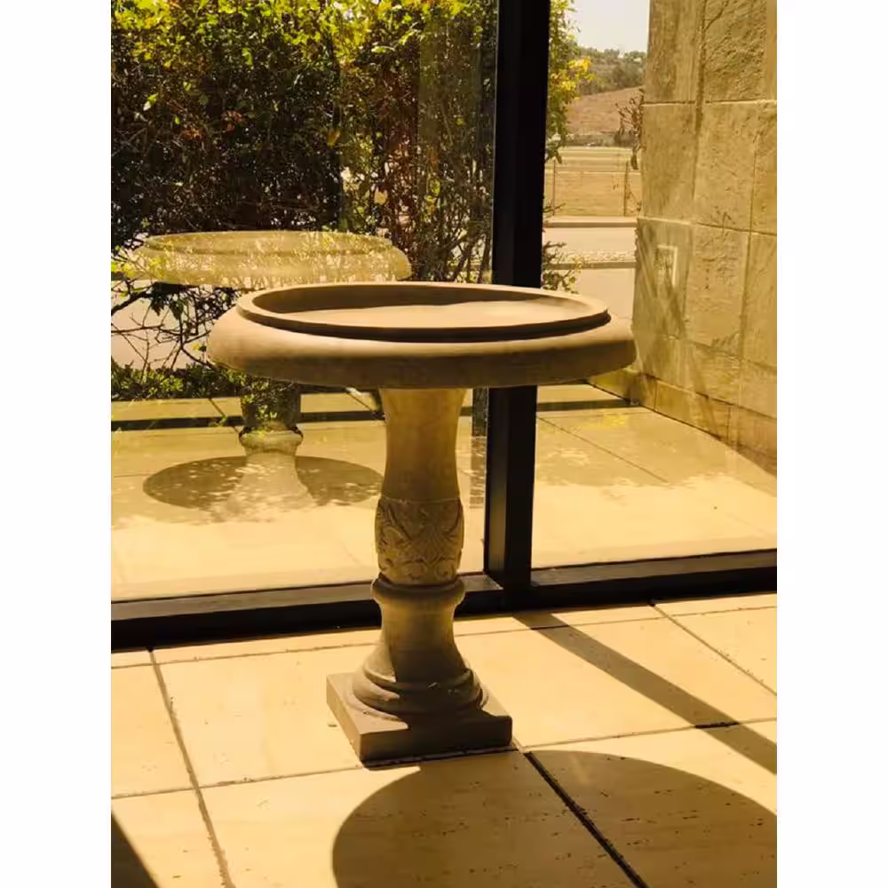 KANTE 22.8 in. Dia Weathered Concrete Lightweight Traditional Flower Pattern Birdbath