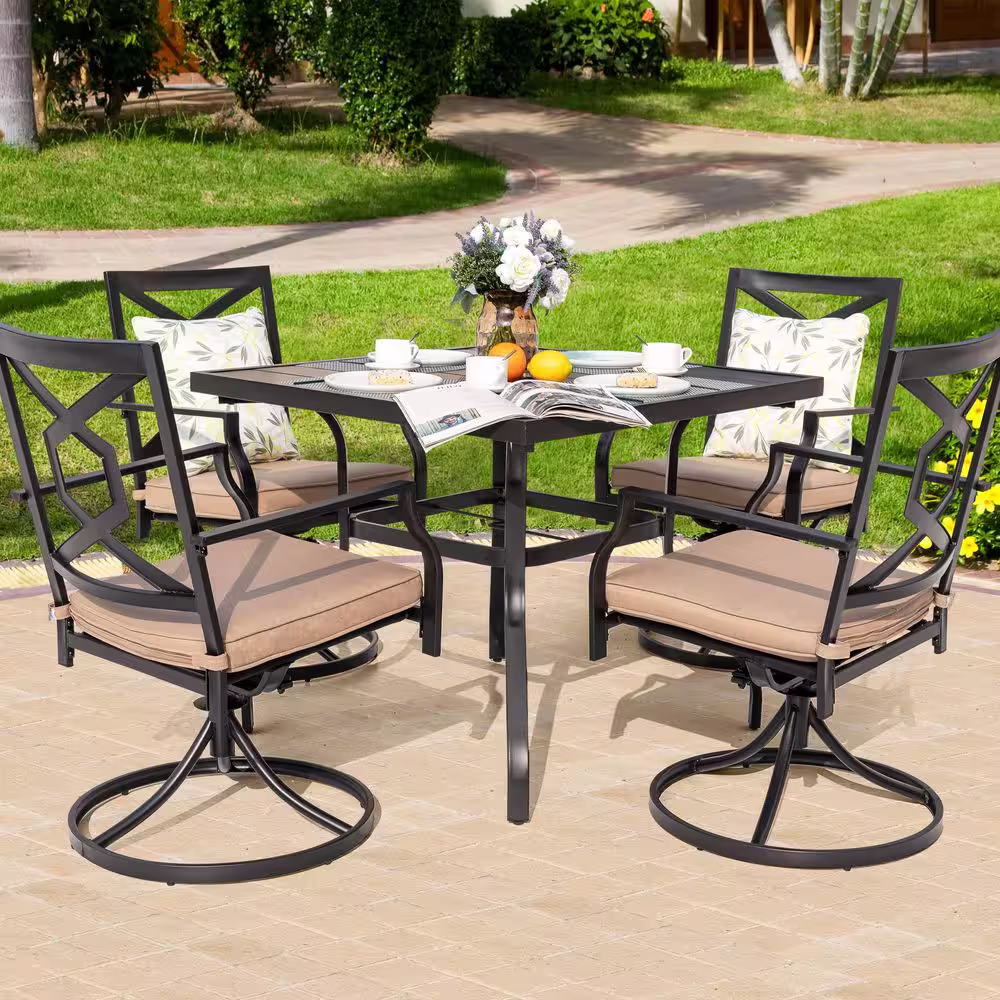 Nuu Garden Black 5-Piece Metal Rectangle Patio Outdoor Dining Set with Beige Cushions Table Set and Swivel Chairs