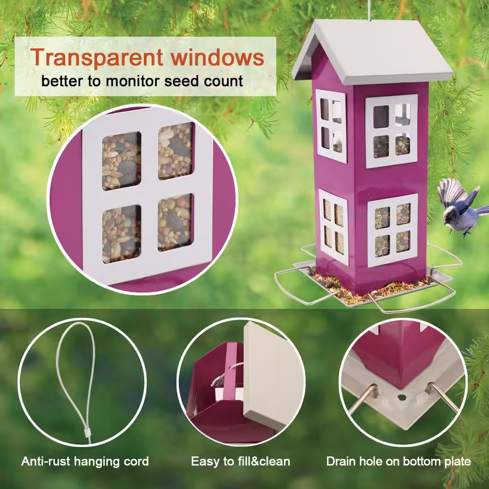 None 4.7 in. x 10.2 in. House Bird Feeders Outside-Country House Design Hook Hang On Tree Poles Backyard Gift Idea in Purple