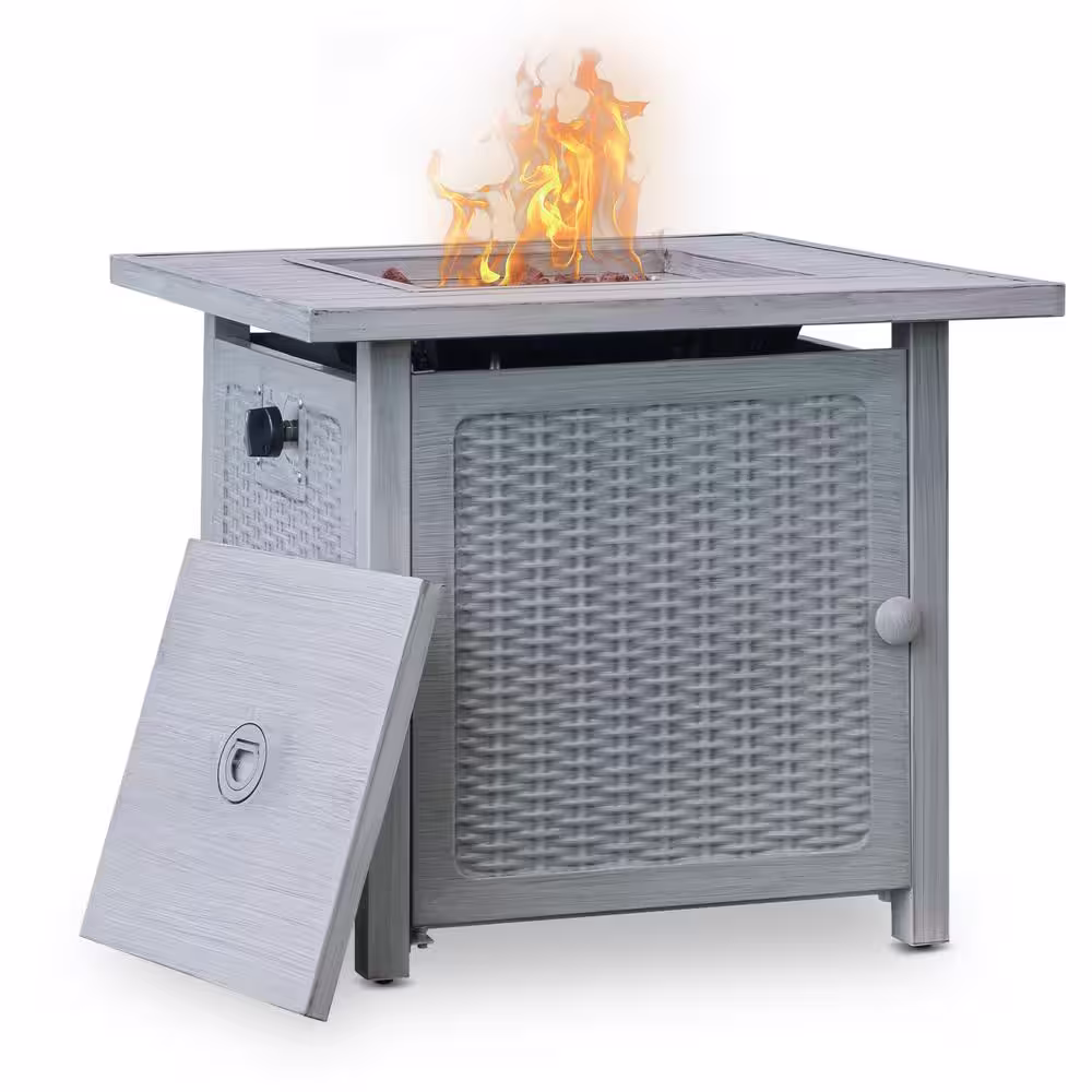 None 28 in. Square Metal Outdoor Patio Propane Fire Pit Table with Lid