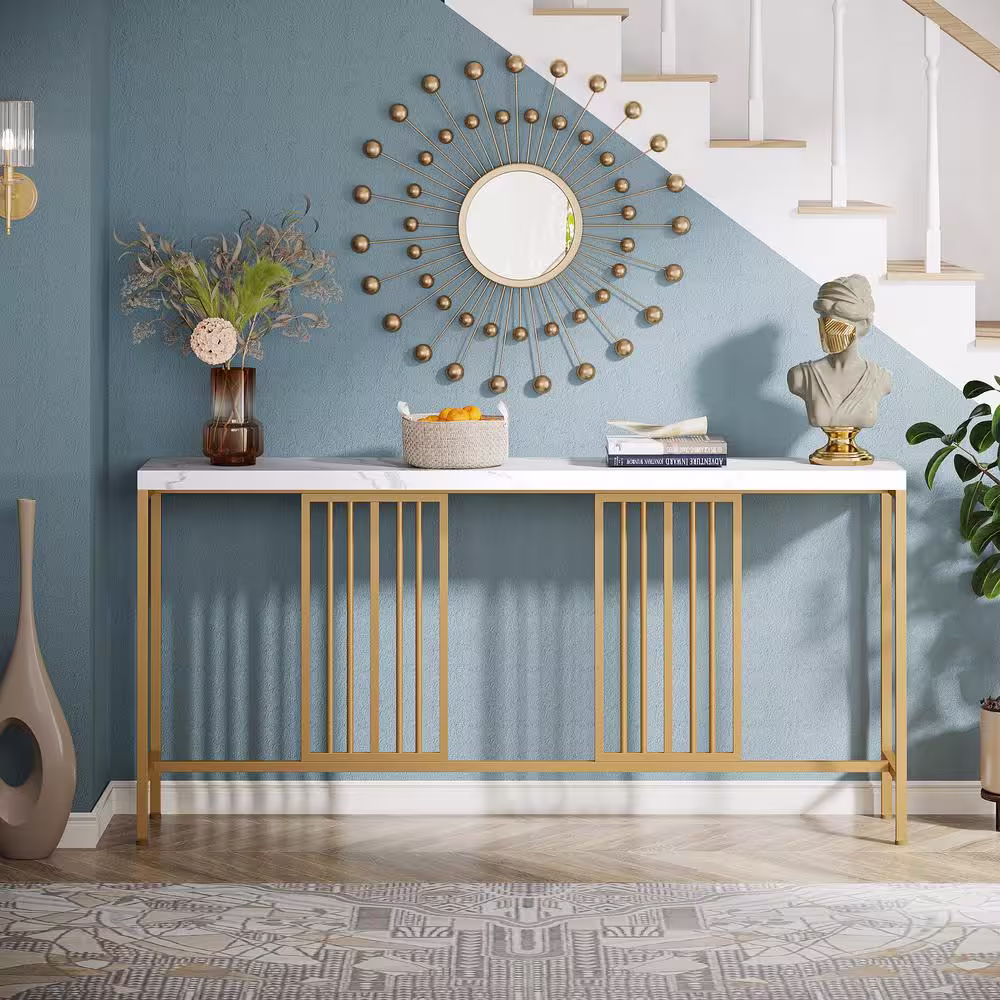 BYBLIGHT Turrella 70.9 in. Gold Extra Long Rectangle Wood Console Table with Gold Iron Tube Frame