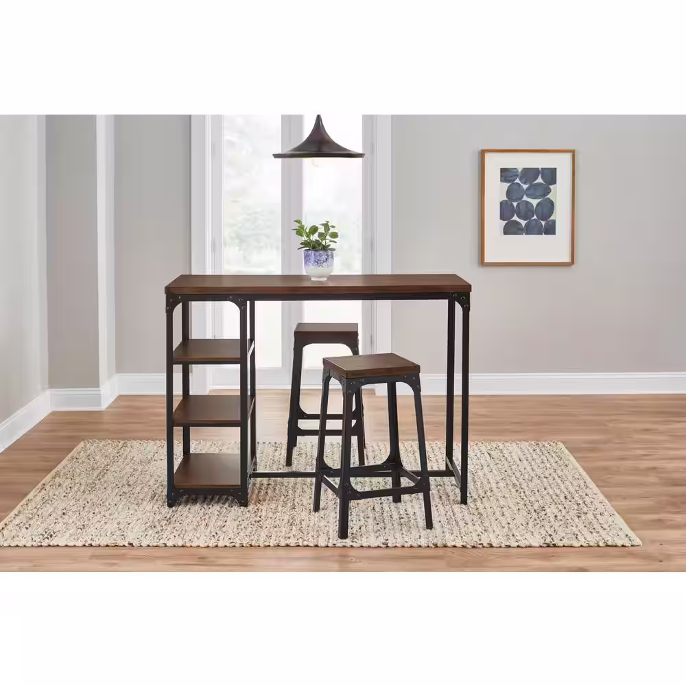 StyleWell Black Metal 3 Piece Dining Set with Haze Oak Finish Wood Top