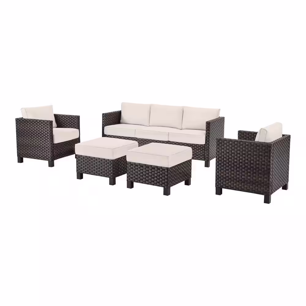 StyleWell Sharon Hill Powder Coating 5-Piece Dark Wicker Patio Conversation with Almond Biscotti Cushions