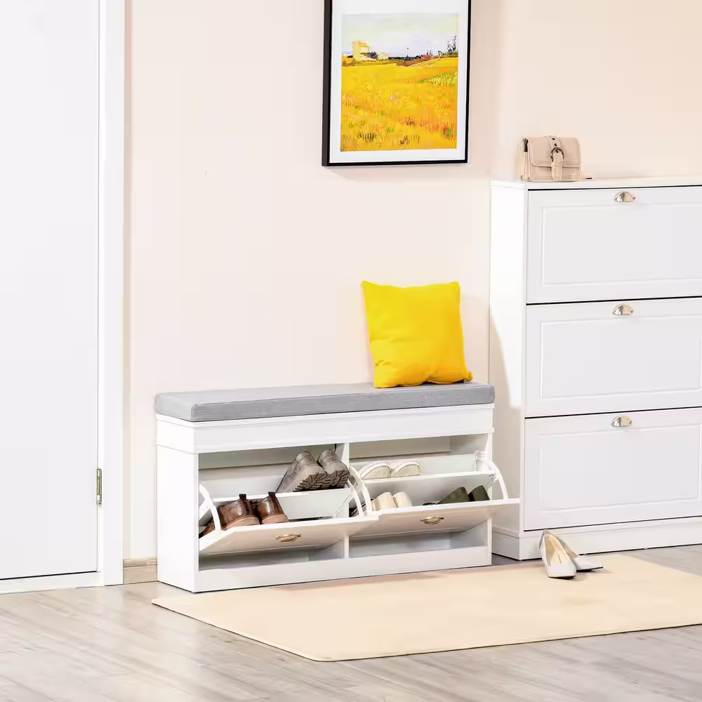 HOMCOM 23.75 in. H x 41 in. W 8-Pair White Wood Shoe Storage Bench with Cushion, 2-Drawers, Adjustable Shelf