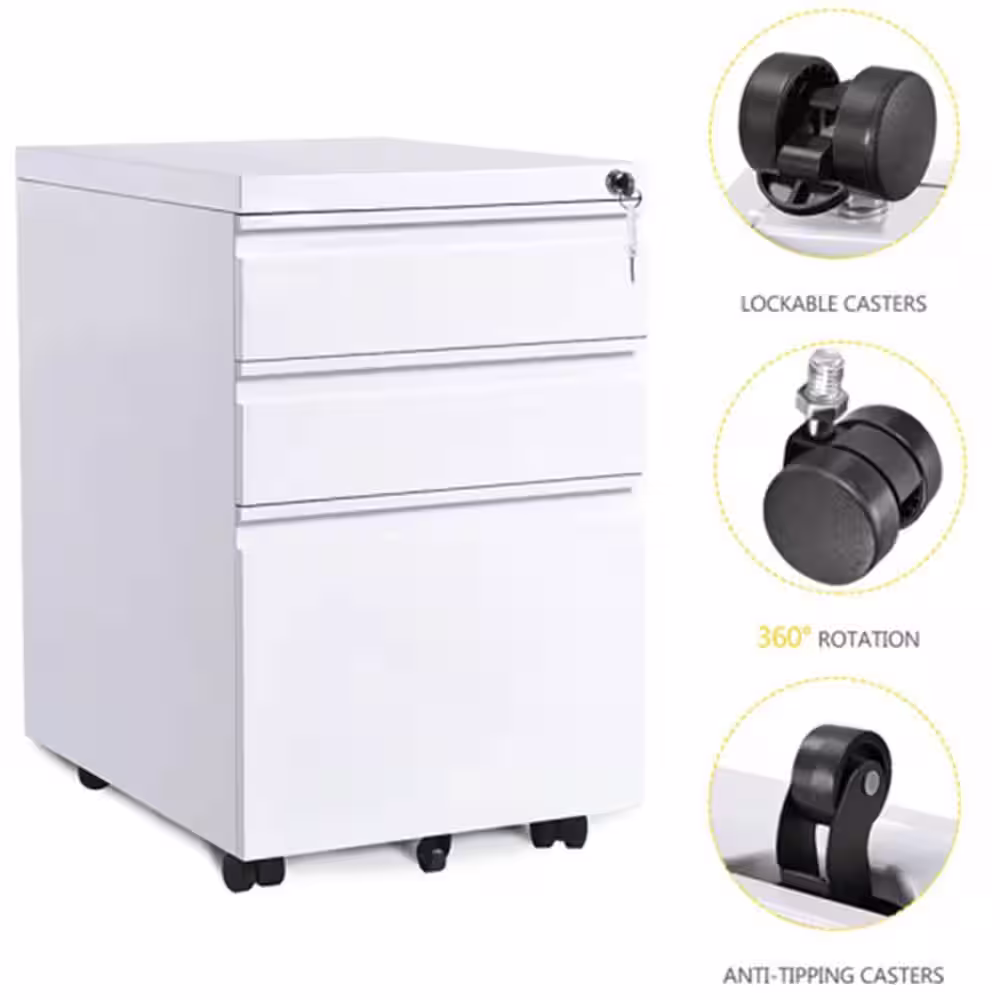 None 3-Drawer White Mobile File Cabinet