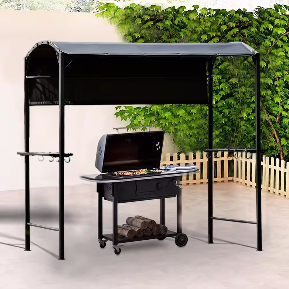None 7 ft. x 6.8 ft. Steel Double-Layer Soft-Top BBQ Canopy Pavilion with Side Awning, Bar Counters and Hooks