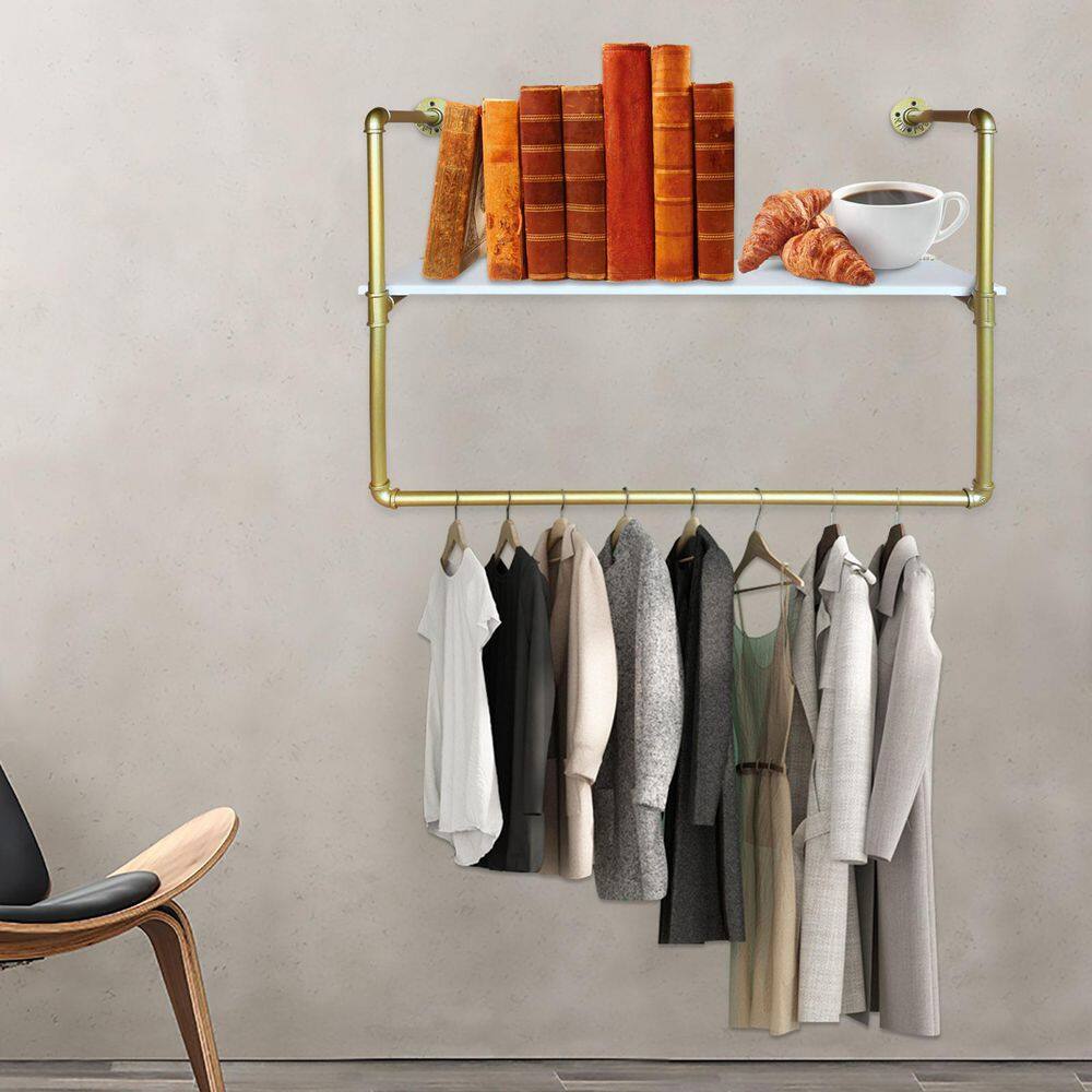 None Gold Iron Wall Mounted Clothes Rack with Shelves 37 in. W x 26.4 in. H