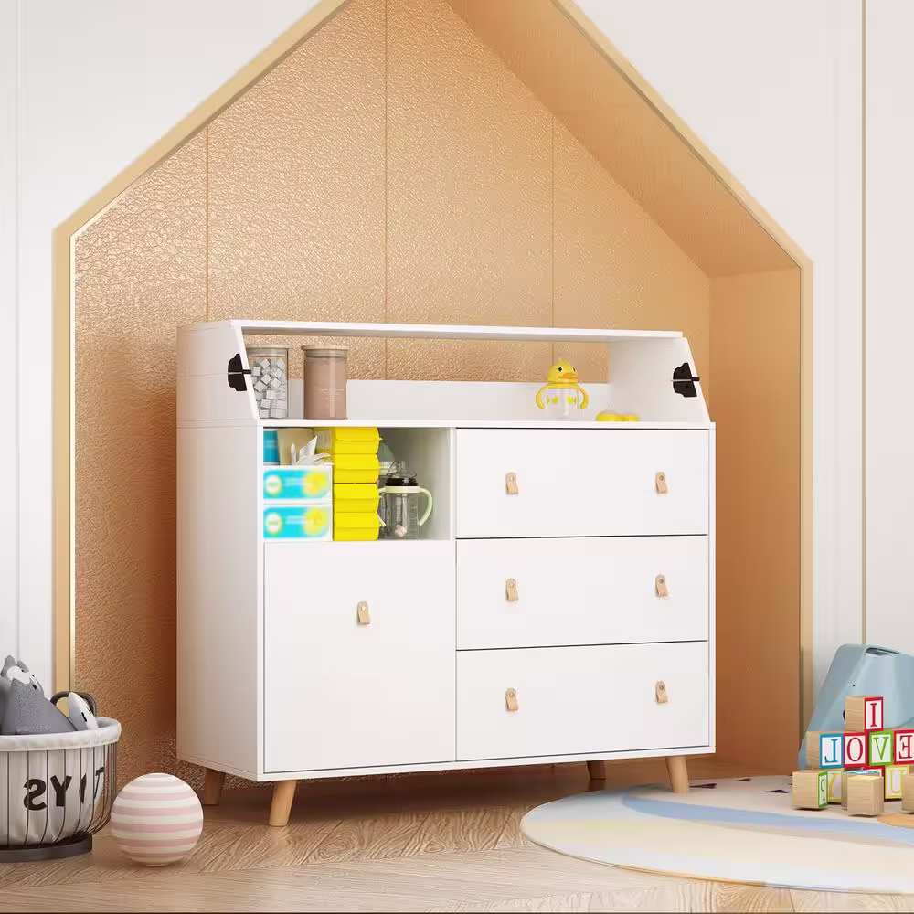 None White 4-Drawer 45 in. Width Wooden Stylish Kids Low Dresser, Chest of Drawers, Storage Cabinet with Open Shelf