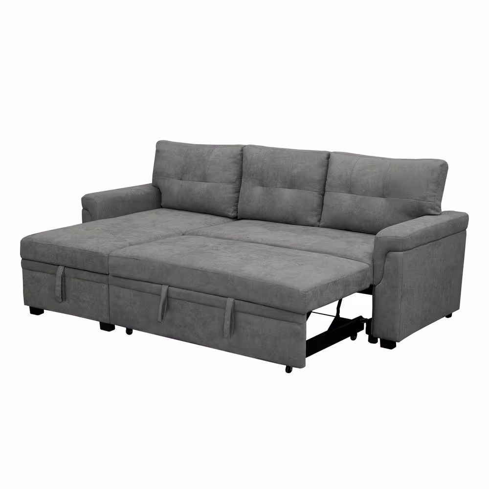 HOMESTOCK 78 in. W Gray Air Leather Sectional Sofa Sleeper with Storage Pull-Out Couch w/ Storage Sectional Sofa Bed L-Shaped
