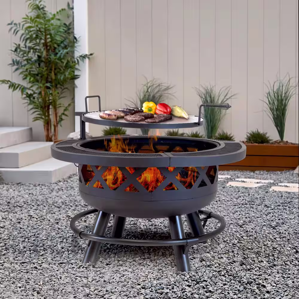 None 26 in. H Outdoor Steel Black Fire Pit with Adjustable Cooking Grid