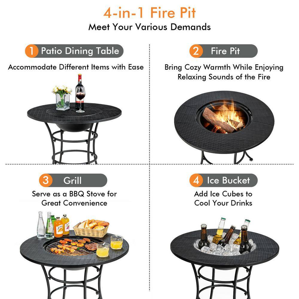 Gymax Black Patio Round Metal Fire Pit Dining Table Charcoal Wood Burning Cooking BBQ Grate