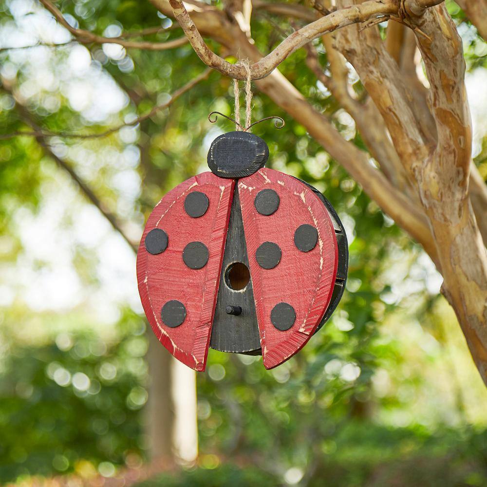 Glitzhome 11.5 in. H Distressed Solid Wood Ladybug Birdhouse (KD)