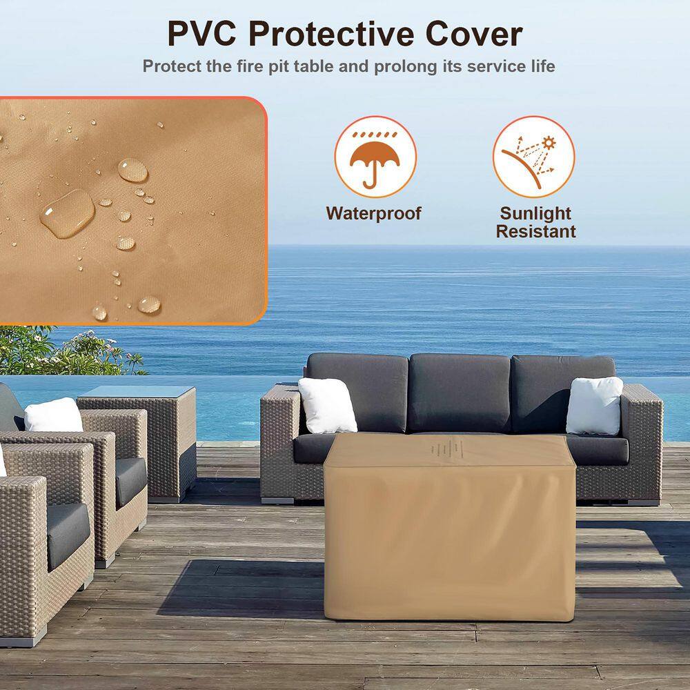 None Rectangle Propane 40 in. Stone Metal Fire Pit Table Wood-Like Surface with Lava Rock PVC Cover