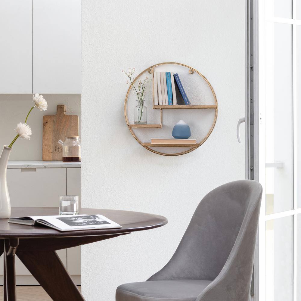 MH LONDON Marly 4.75 in x 19.5 in x 19.5 in. Gold and Natural Wood Iron and Wood Floating Decorative Round Wall Shelf