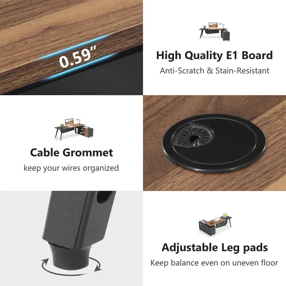 BYBLIGHT Lanita 79 in. L-Shaped Brown Wood Computer Desk with File Cabinet, Large Executive Office Desk with Shelves, Business