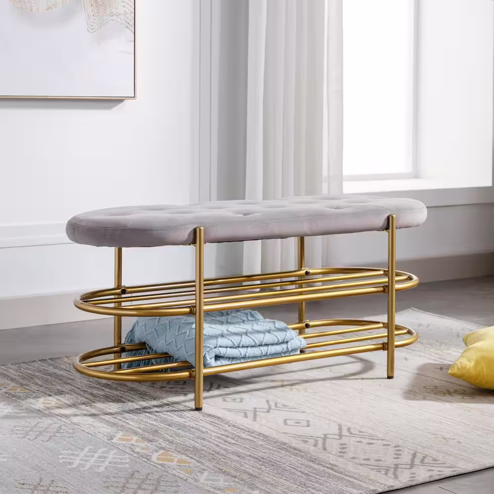 None Grey Velvet Upholstered Bedroom Bench with 2-tier Shoe Shelf Space-Saving Button Tufted Shoe Changing Stool
