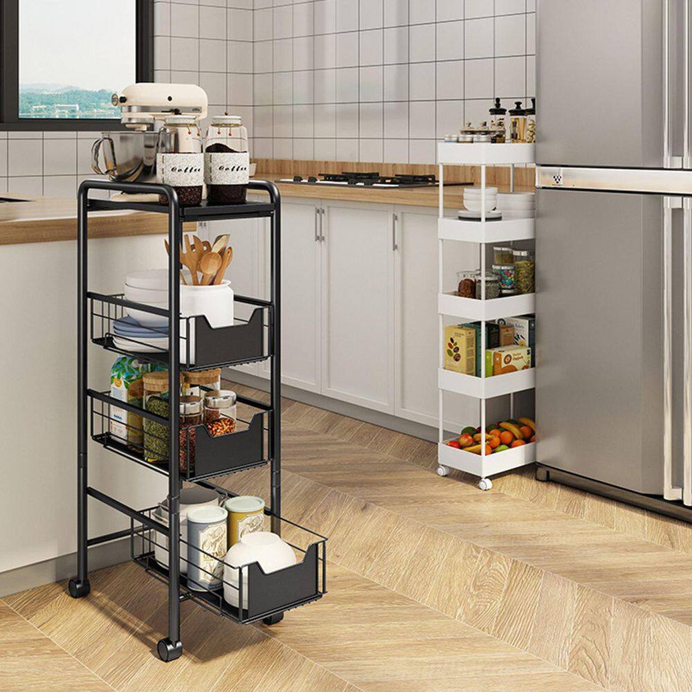 None Black Rolling 4-Tier Carbon Steel Shelving Unit (14.1 in. W x 33.4 in. H x 9.4 in. D)