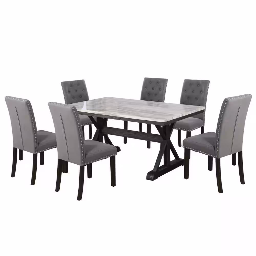 None Gema 7-Piece Faux Marble Dining Set Gray Fabric Chairs.