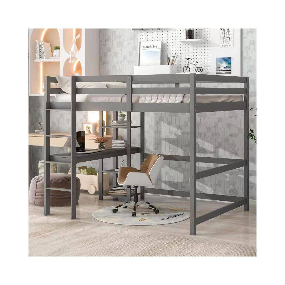 None Gray Full Wood Frame Loft Bed with Bookshelves and Desk Full Kids Loft Bed with Solid Ladder Wood Loft Bed