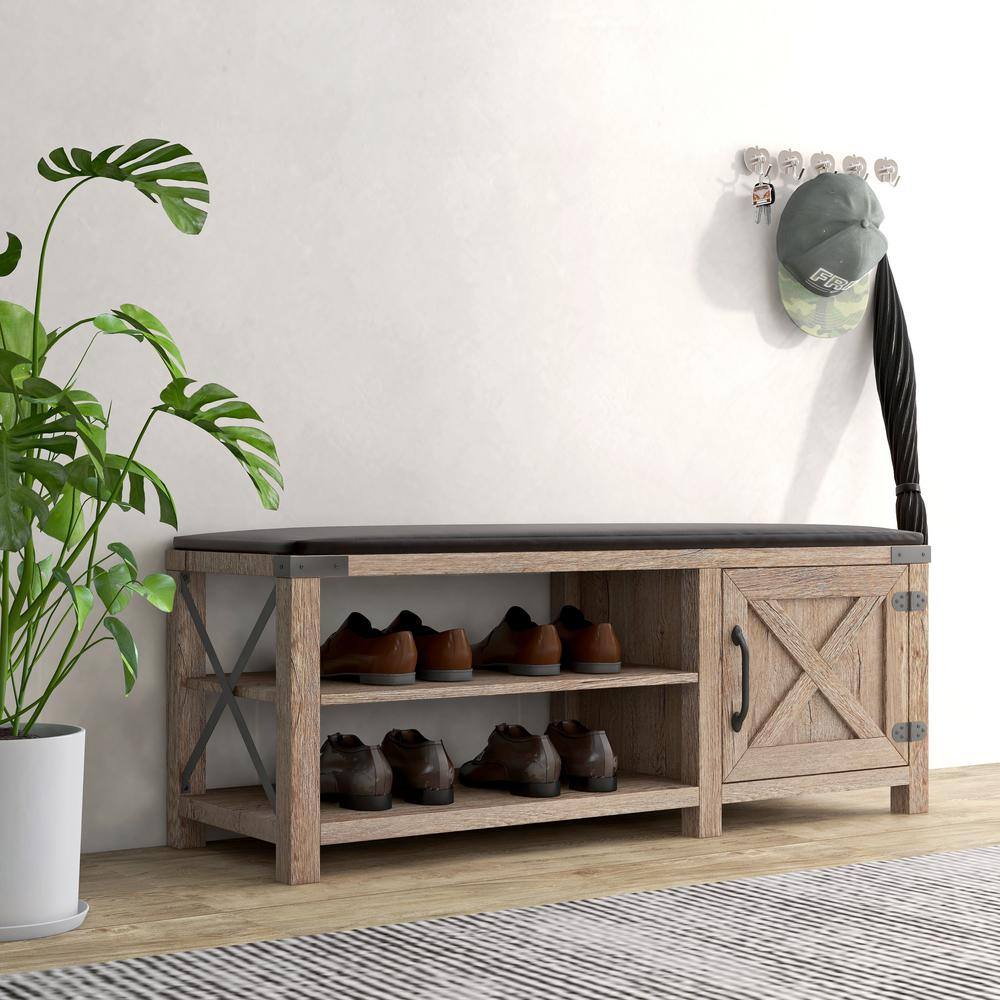 Magic Home 47.24 in. Farmhouse Tobacco Wood 2-Tier Shoe Bench Modern Hallway Storage Shoe Rack Organizer with Seat Cushion,