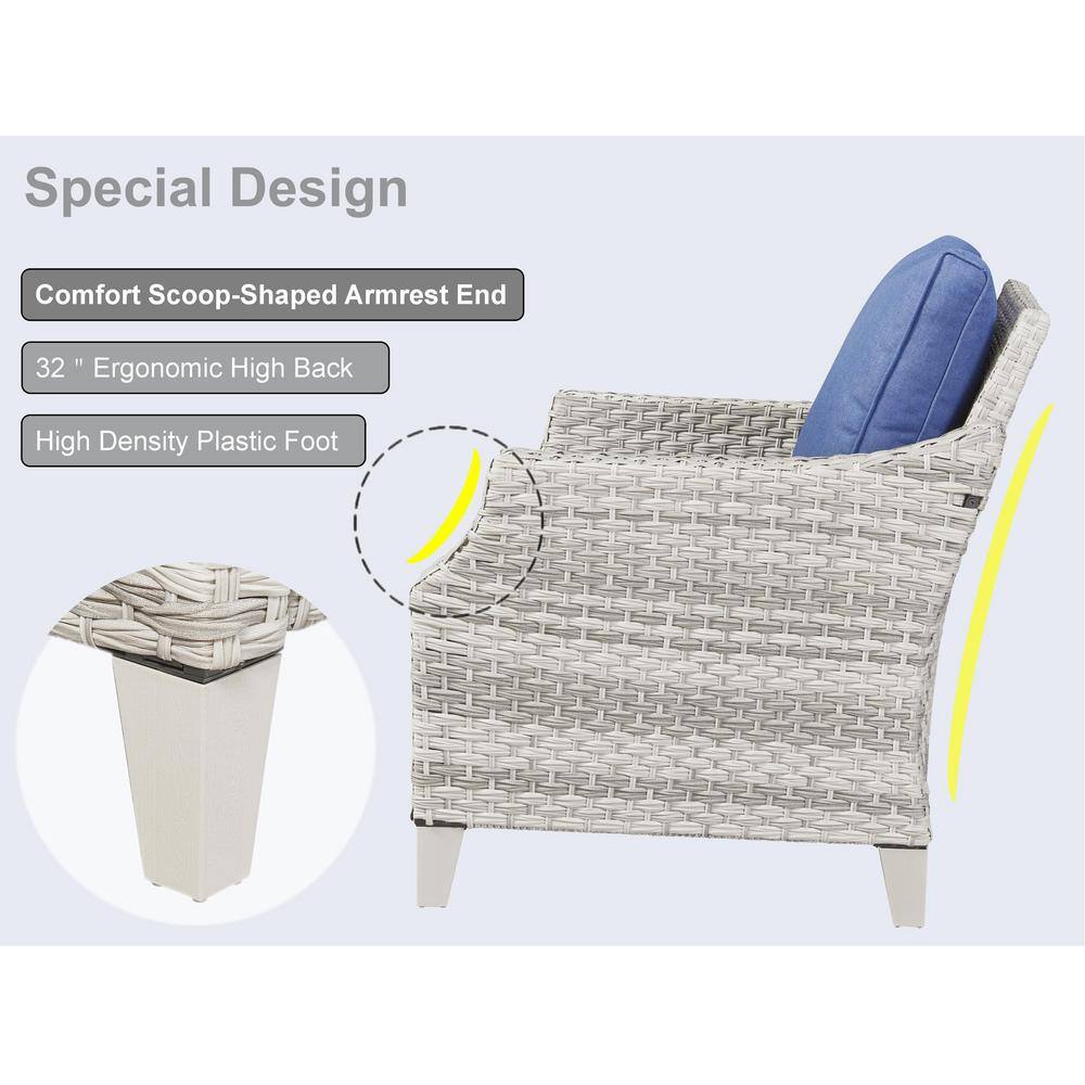 Gymojoy Canton Off White 5-Pieces Wicker Patio Conversation Set with Blue Cushions