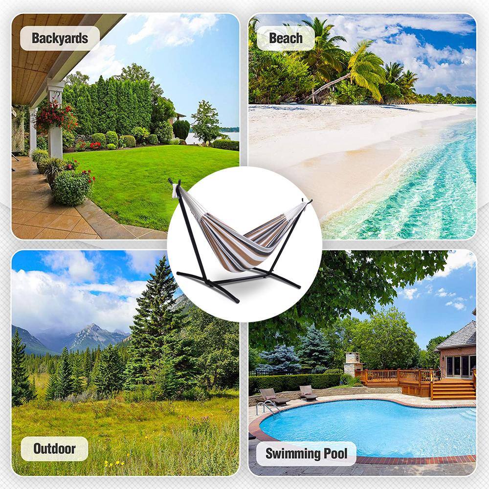 None 10 ft. Fabric Cotton Hammock Bed with Space Saving Steel Stand in Brown Stripes(450 lbs. Capacity- Carry Bag Included)