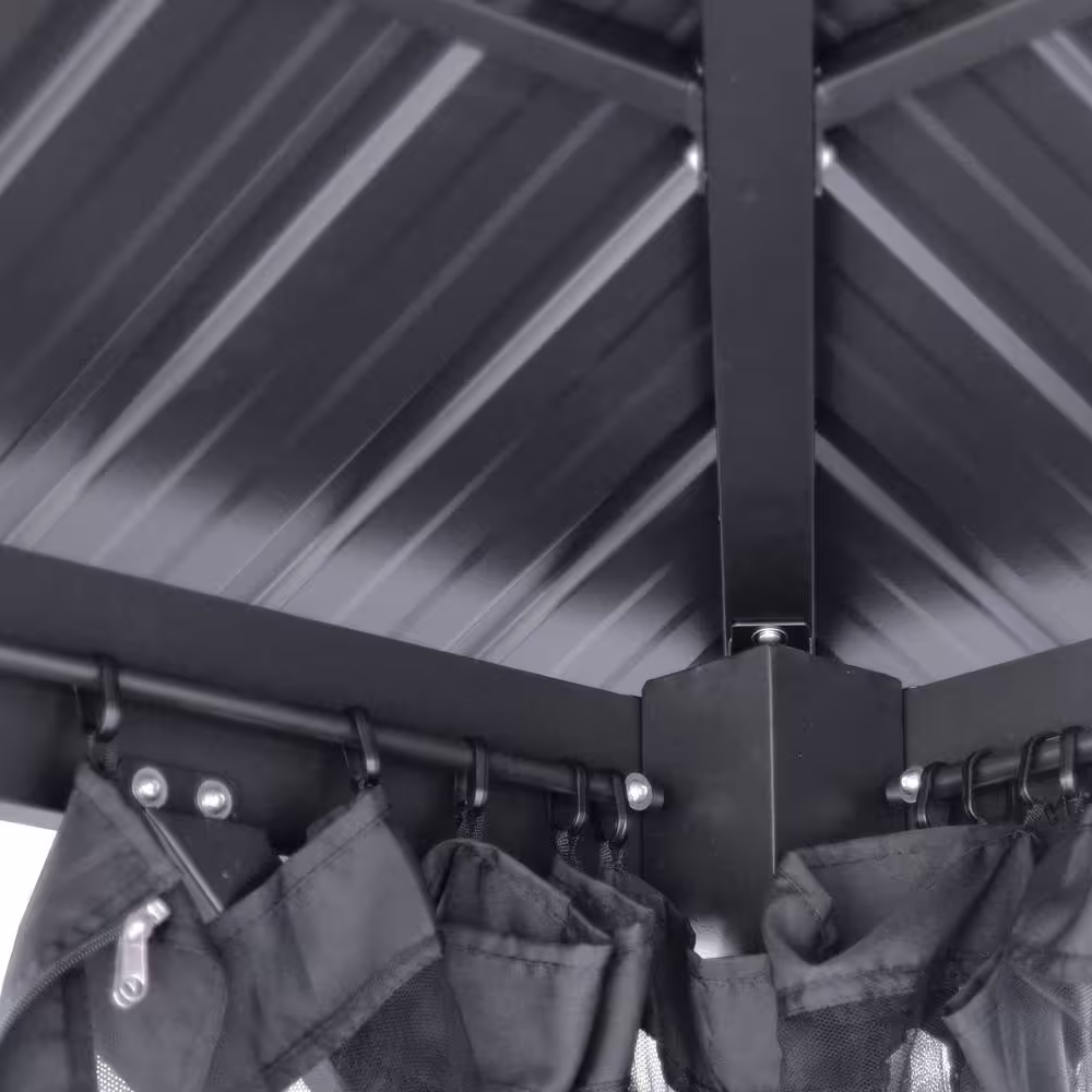 Noble House Pablo 10 ft. x 10 ft. Black Aluminum Flagpole Gazebo with Mosquito Netting