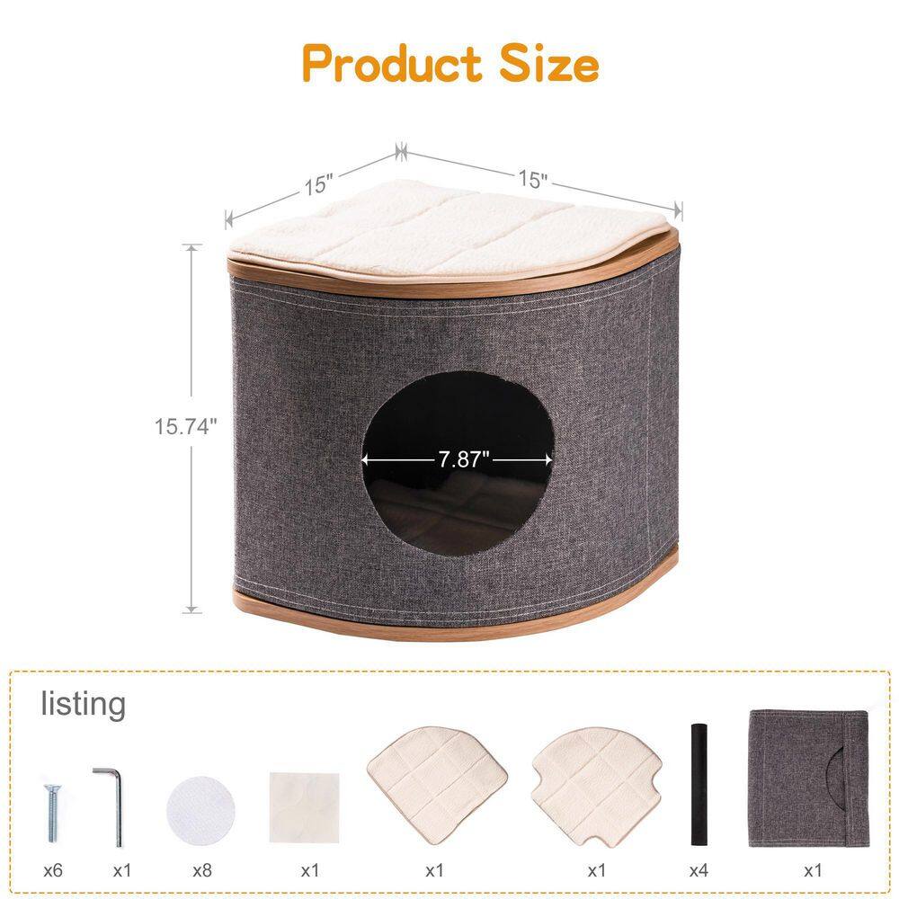 None Cat House Cat Bed for Cats, Wooden Corner Cat House Cave with 2 Washable Cushions
