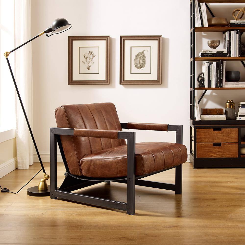 None Top Leather Cognac Genuine Leather Accent Arm Chair with Black Metal Frame