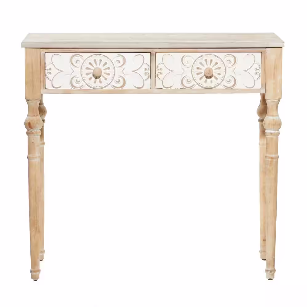 Litton Lane 36 in. Brown Extra Large Rectangle Wood Intricately Carved 2 Drawers Floral Console Table