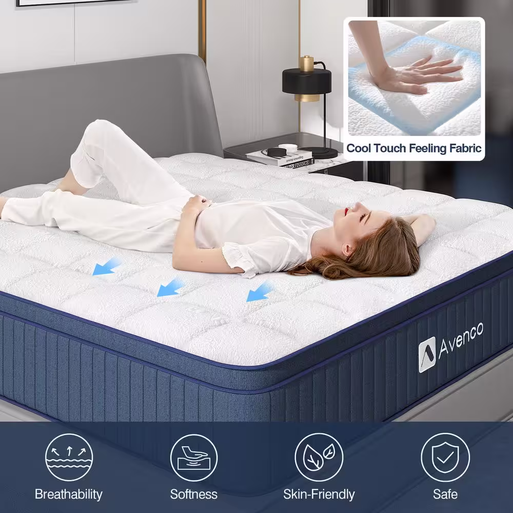 Avenco 12 in. Medium Firm Hybrid Pillow Top Motion Isolation Individual Pocket Spring Queen Mattress