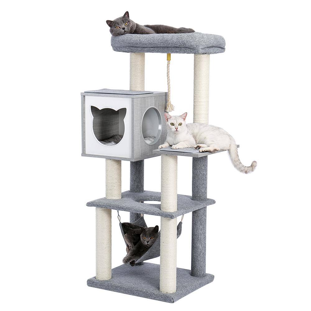 None 52 in. H Cat Tree Cat Tower with Condo and Hammock in Gray