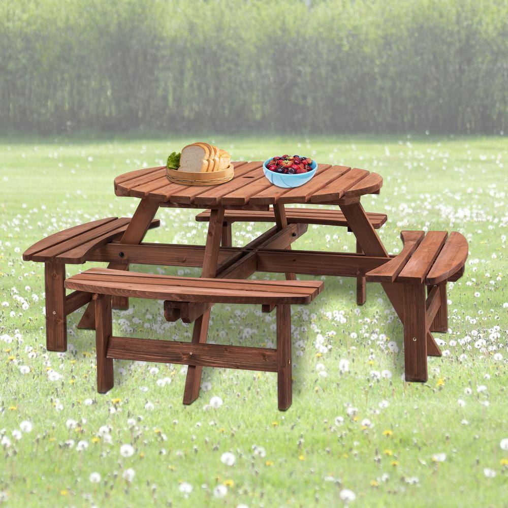 None 70.07 in. Brown Round Wood Picnic Table Seats 8-People with 4 Built-in Benches