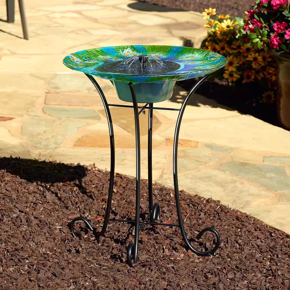 Smart Solar Argus Peacock Glass Solar Birdbath