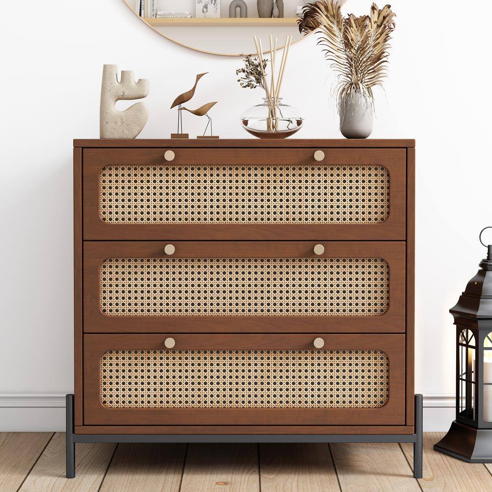 Harper & Bright Designs Walnut Modern Cannage Rattan Wood 3-Drawer 30 in. Wide Chest of Drawers