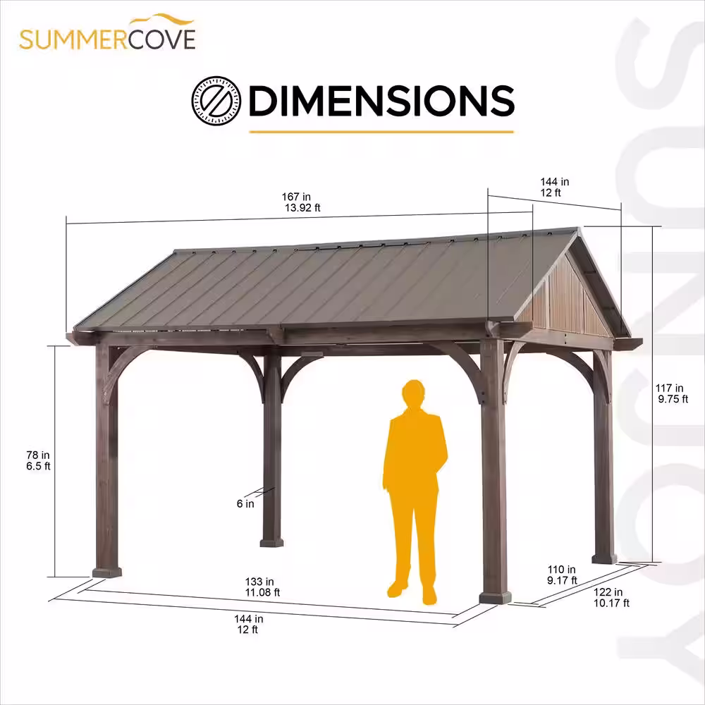 Sunjoy SummerCove Maple 12 ft. x 14 ft. Cedar Framed Gazebo with Brown Steel Hardtop Roof