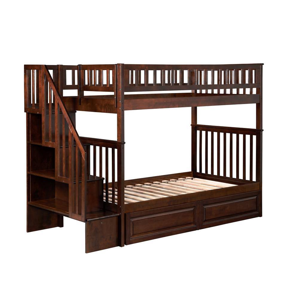 AFI Woodland Staircase Bunk Bed Twin over Twin with 2 Raised Panel Bed Drawers in Walnut