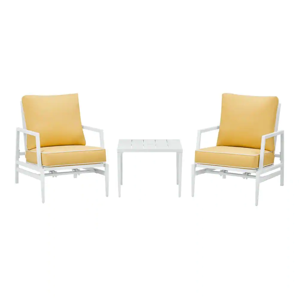 Hampton Bay Willow Cay White 3-Piece Steel Motion Outdoor Conversation Set with Yellow Cushions