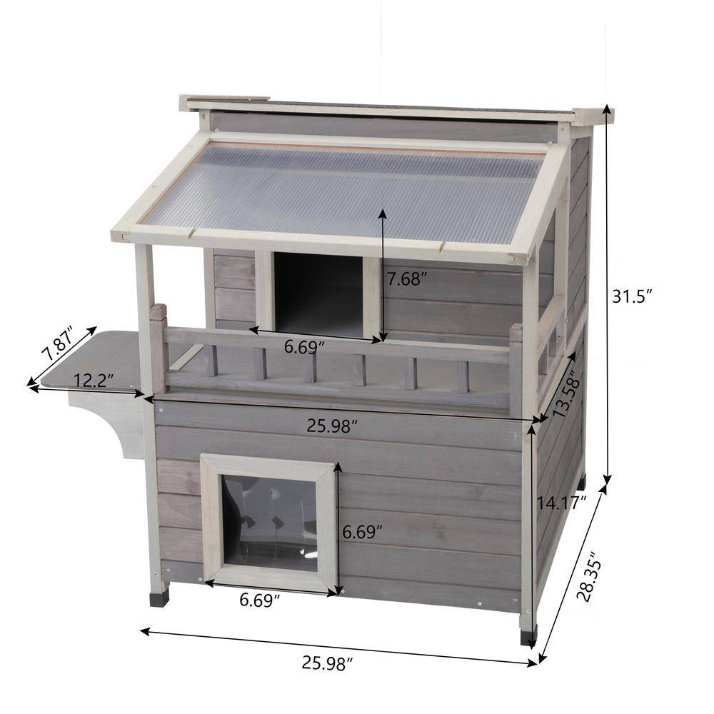 None Double Story Outdoor Cat House with Sun Panels and Balcony in Gray